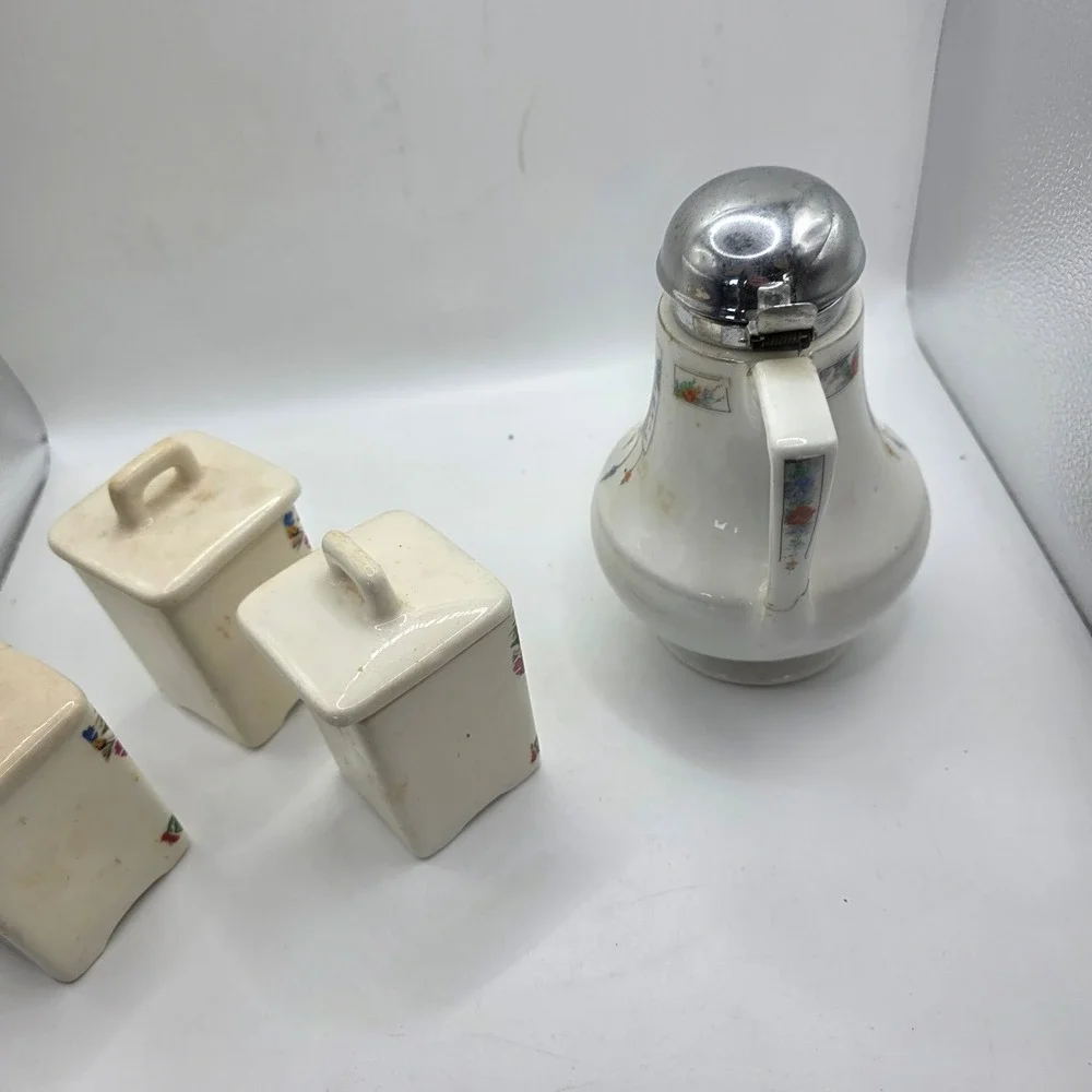 Vintage Ceramic Spice Jar Set Nutmeg Allspice Pepper & Bird Syrup Pitcher 4pc